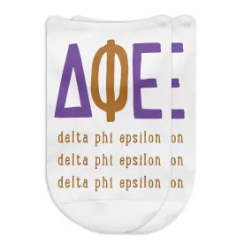 Delta Phi Epsilon Sorority Socks with Large Greek Letters, Printed on No Show Socks