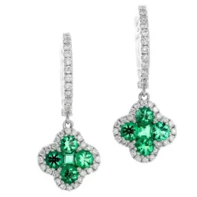 Emerald & Diamond Clover Dangle Huggy Earrings 18K White Gold