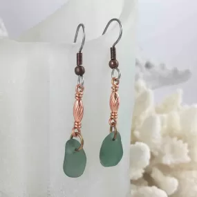 Grayed Olive Green Sea Glass Earrings in Copper | #3077