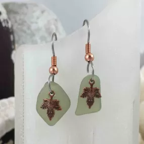 Lightest Gray Olive Green Sea Glass Earrings with Leaf Charms | #3072