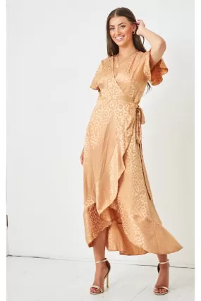 Love Frontrow Gold Jacquard Leopard Print Sleeve Wrap Dress