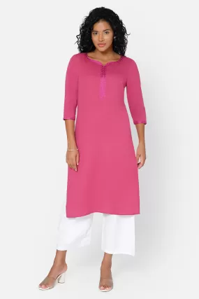 Mythri Women's Casual Kurthi with Sweetheart Neck 3/4th Sleeves - Pink - KU47