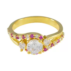 Riyo Best Silver Ring With Yellow Gold Plating Ruby CZ Stone Round Shape Prong Setting Designer Ring