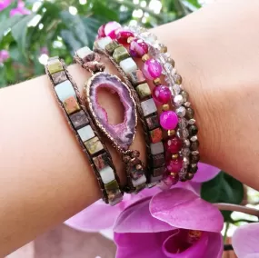 SALE - Natural Pink Druzy Crystal Stone Beaded Wrap Bracelet