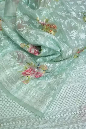 Sea Green Color Organza Saree with Chikankari and Digital Print