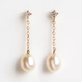 Solid Gold Pearl and White Sapphire Drop Earrings