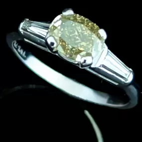 The Sidney - GIA Natural Fancy Yellow Diamond in Platinum Baguette Accents Engagement Ring Vintage