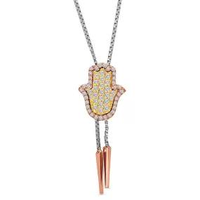 Two Tone Gold Yellow & White Diamond Hamsa Necklace